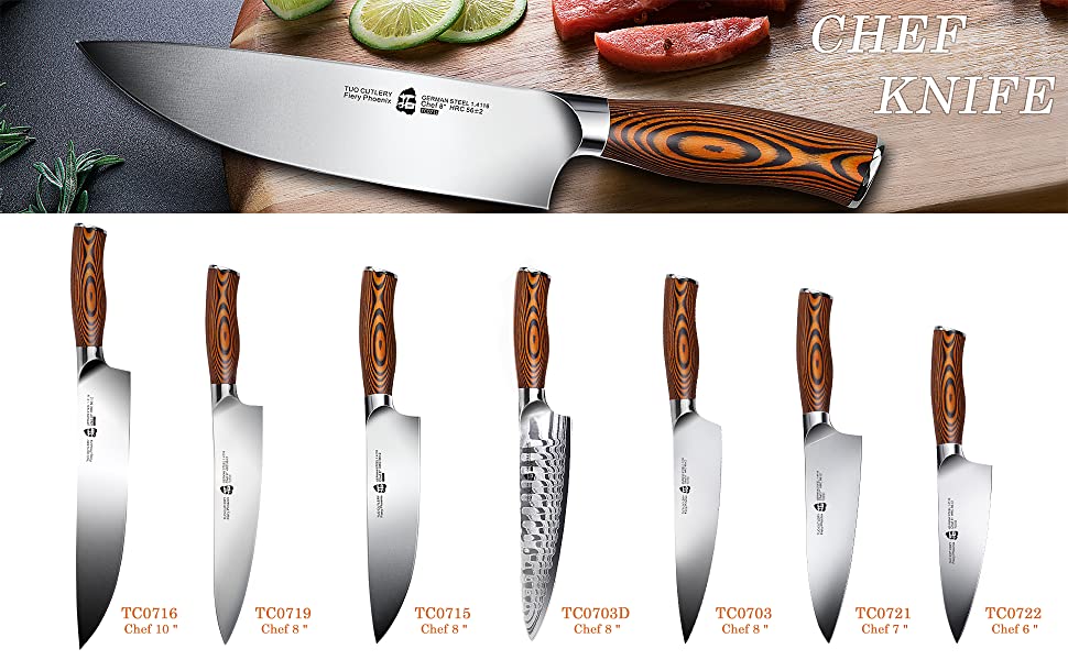 Tuo Cutlery, Professional Chef Knife, Kitchen Knife, High Carbon Stainless Steel, Razor Sharp blade, Gyuto, Full Tang,	Chef’s Knife, Pakkawood Handle